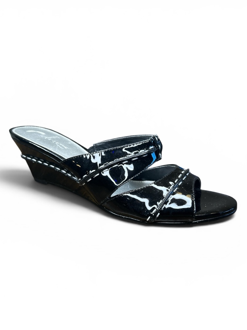 Liz Claiborne Black Patent Slide Wedge Sandals Double Strap Size 9 New